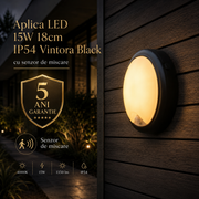 Aplica LED cu Senzor 15W 4000K 18cm IP54 Vintora Black Premium