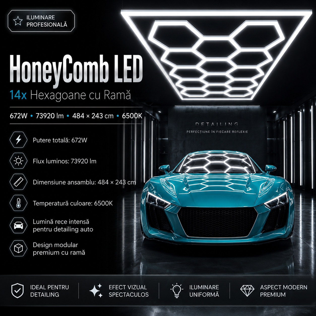 HoneyComb LED 14x Hexagoane cu Rama 672W, 73920lm, 484x243cm 6500K