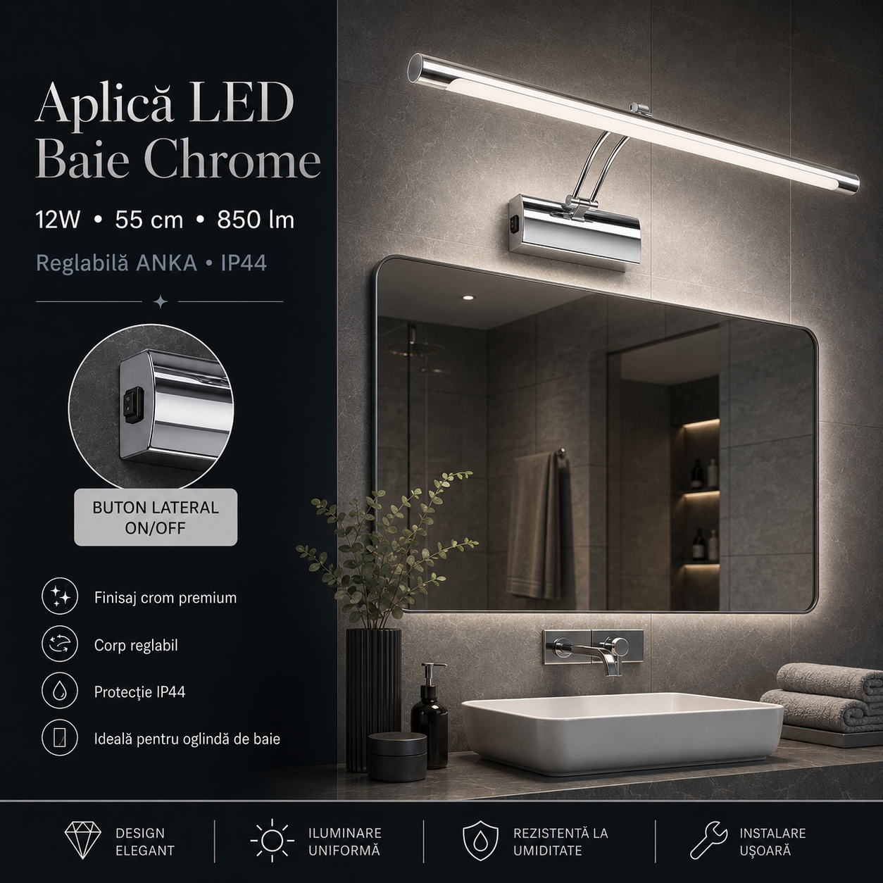 Aplica LED Baie Chrome 12W 55cm, 850lm Reglabila ANKA