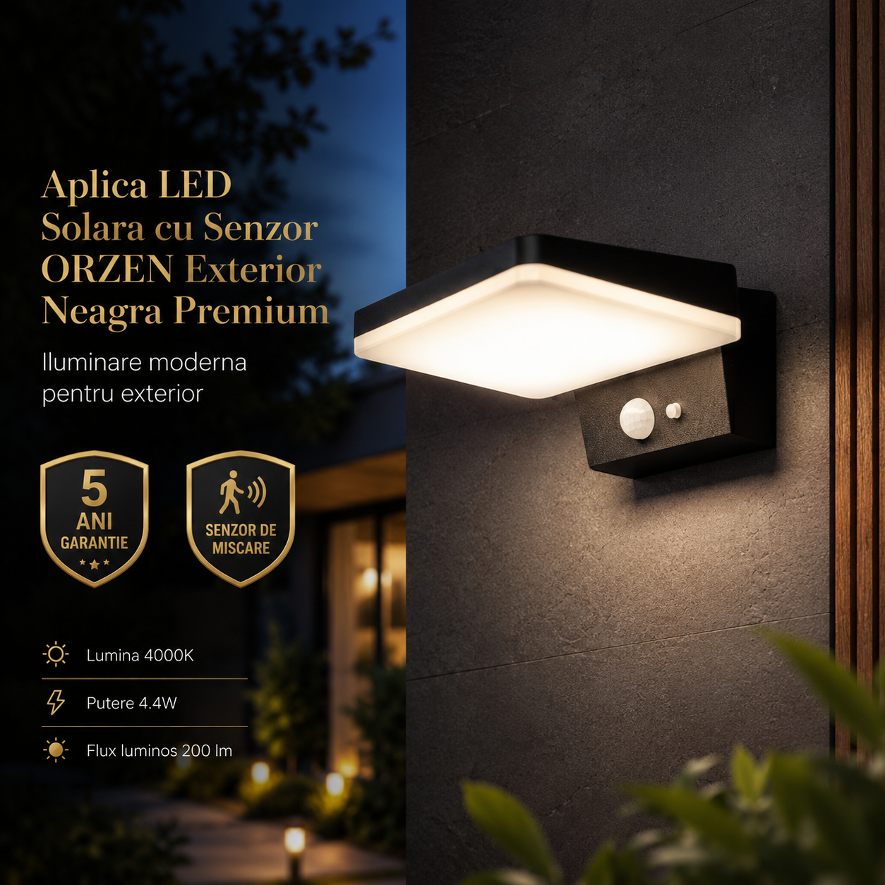 Aplica LED Solara cu Senzor ORZEN Exterior Neagra Premium