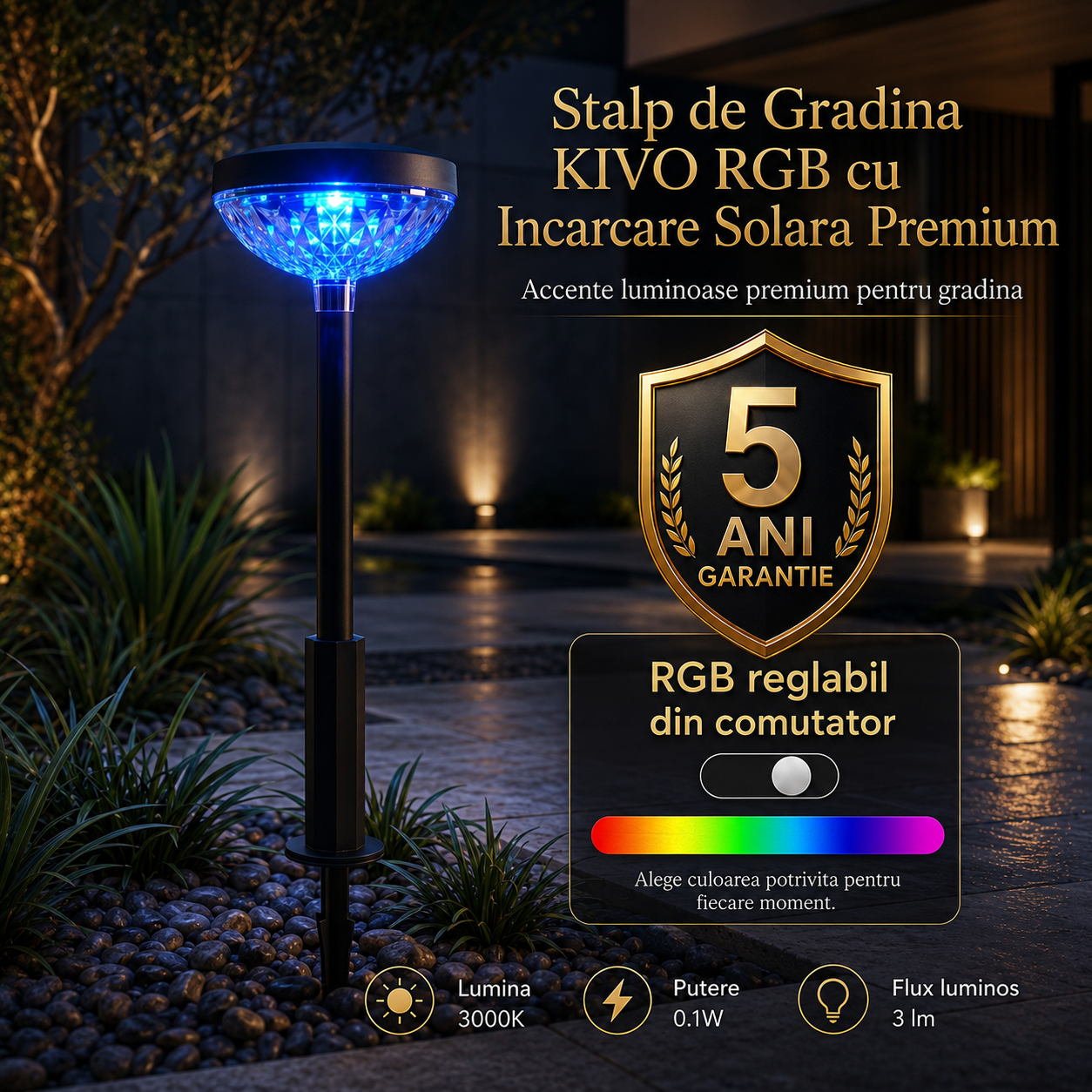 Stalp de Gradina AMBERLY RGB cu Incarcare Solara Premium