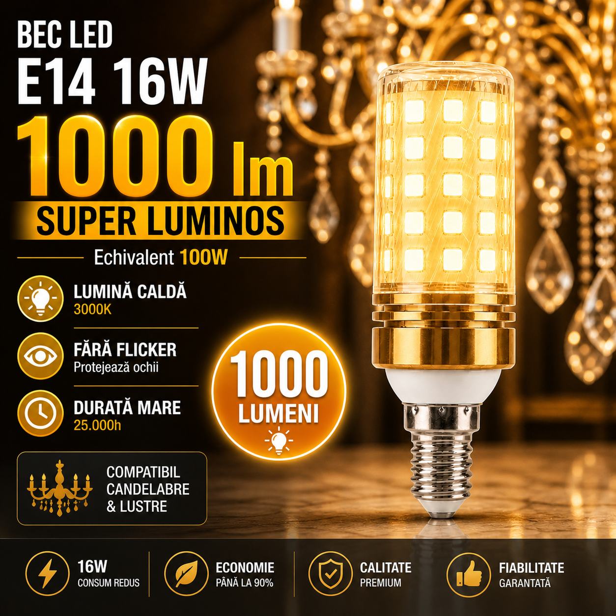 Bec LED E14 16W Corn / Lumina Calda / Echivalent 100W