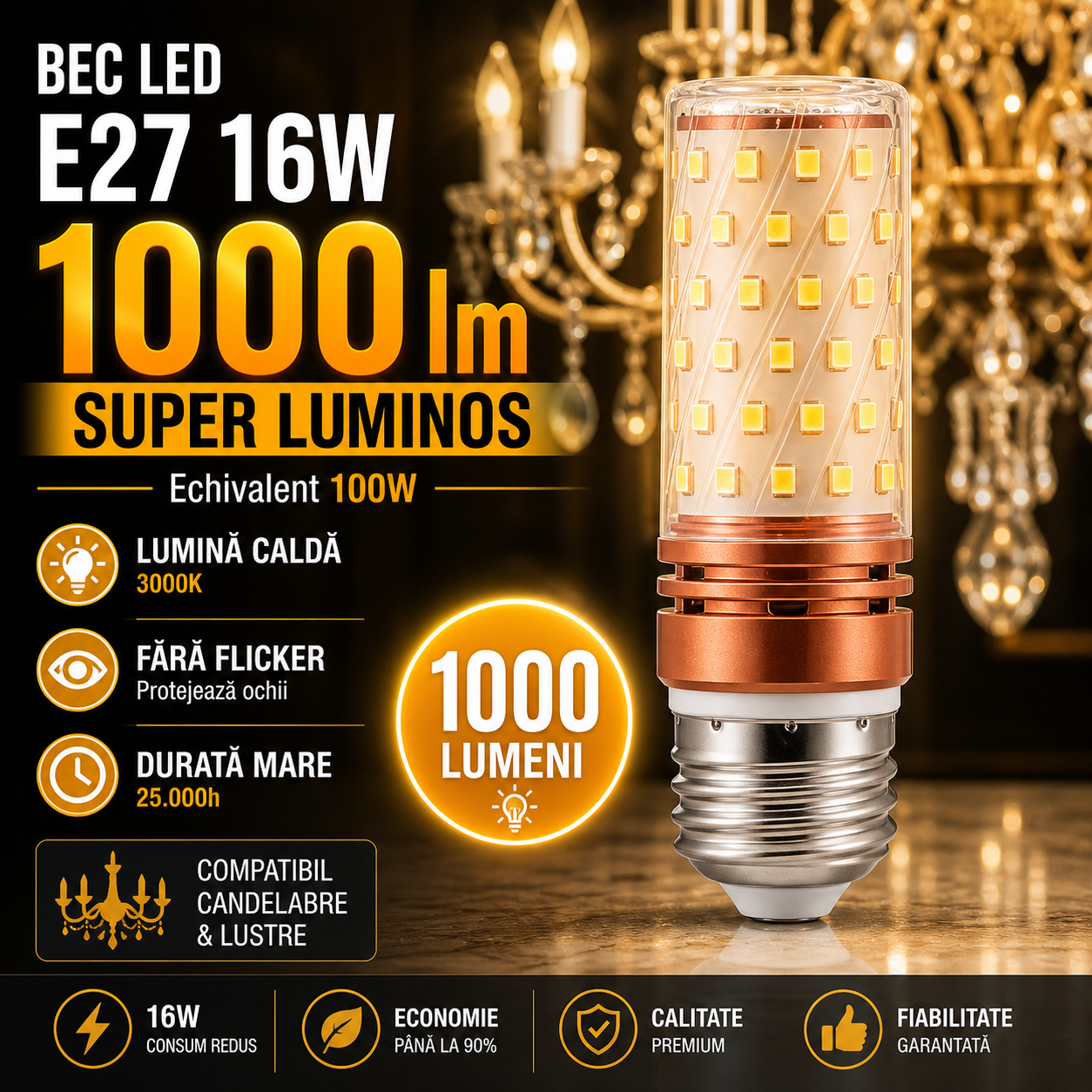 Bec LED E27 16W Corn / Lumina Calda / Echivalent 100W