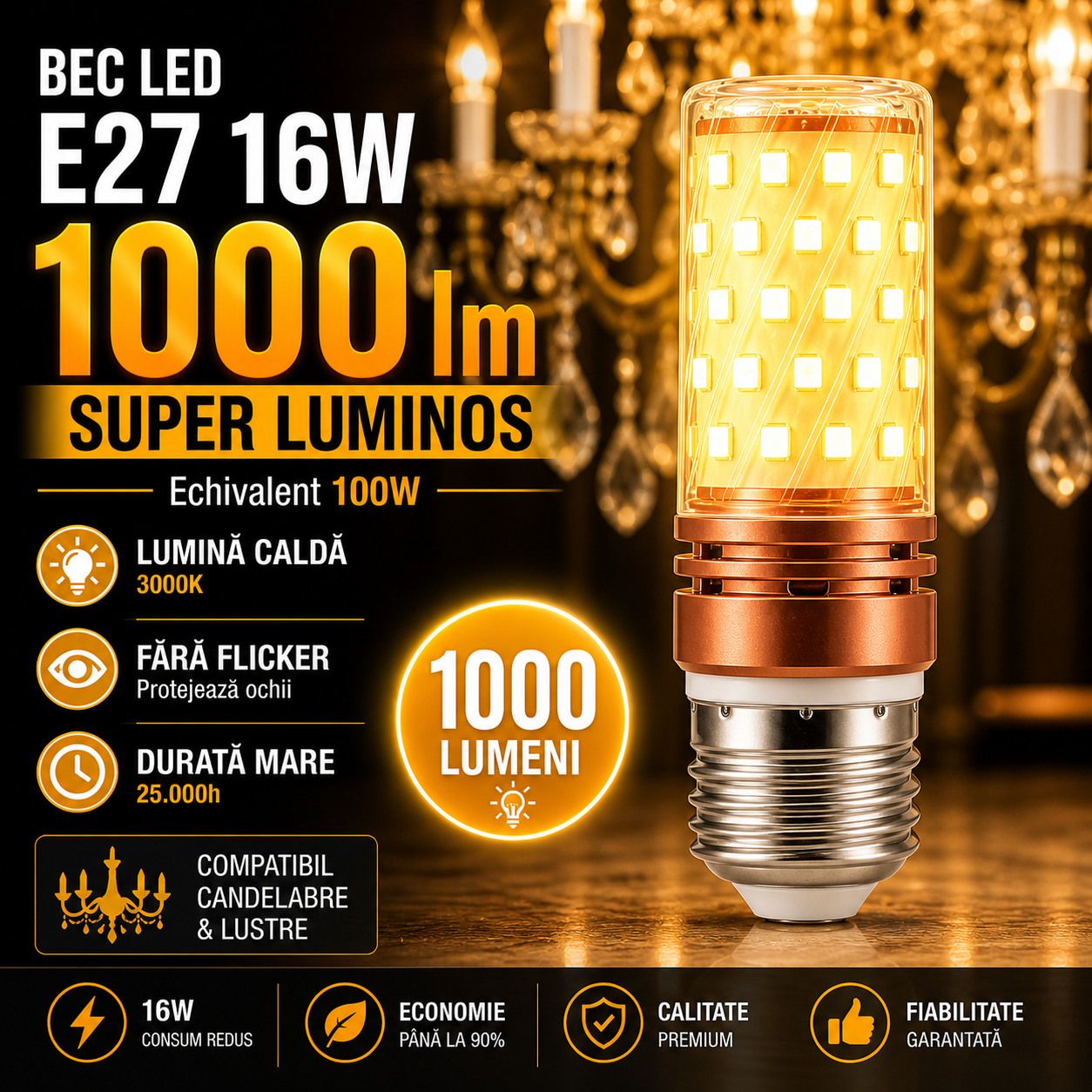 Bec LED E27 16W Corn / Lumina Calda / Echivalent 100W