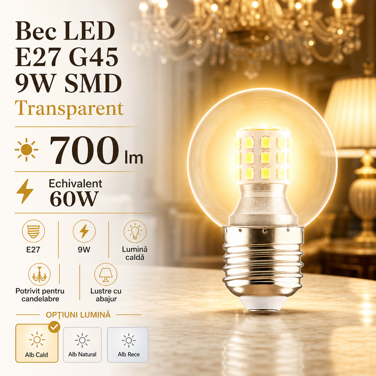 Bec LED E27 G45 9W SMD Transparent