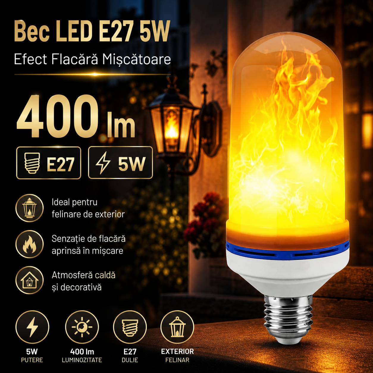 Bec LED E27 5W Efect Flacara Miscatoare