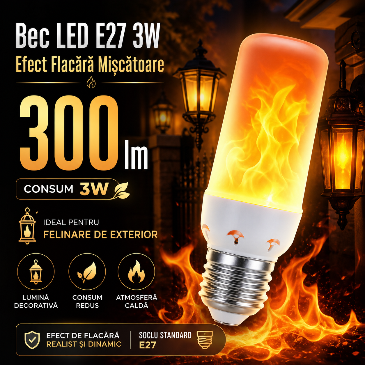 Bec LED E27 3W Efect Flacara Miscatoare