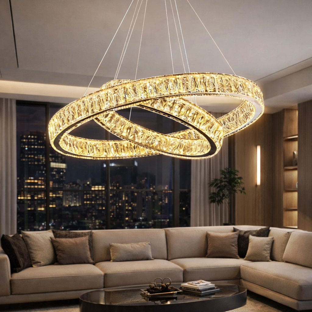 Lustra LED Cristal 2 Segmente Chrome Echivalent 600W, 50+30cm, Telecomanda