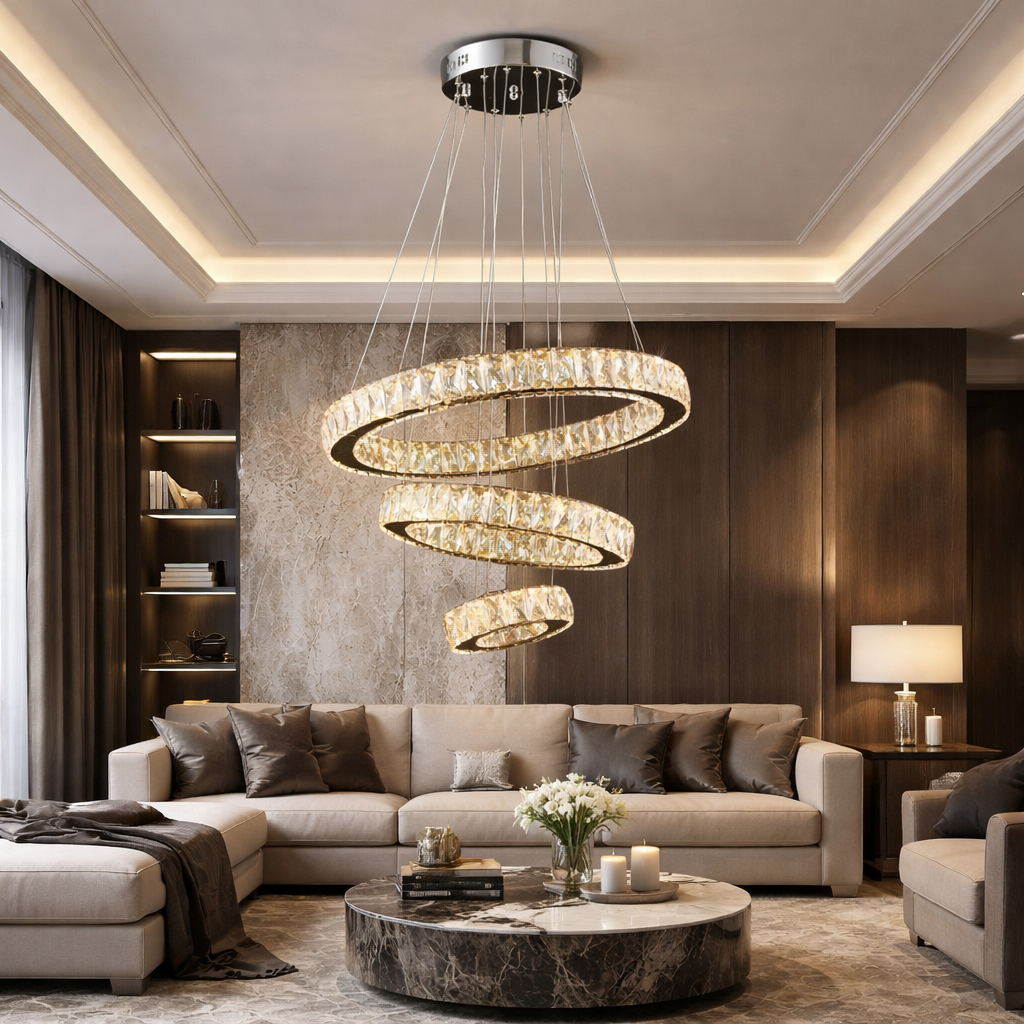 Lustra LED Cristal 3 Segmente Chrome Echivalent 800W, 60+40+20cm, Telecomanda