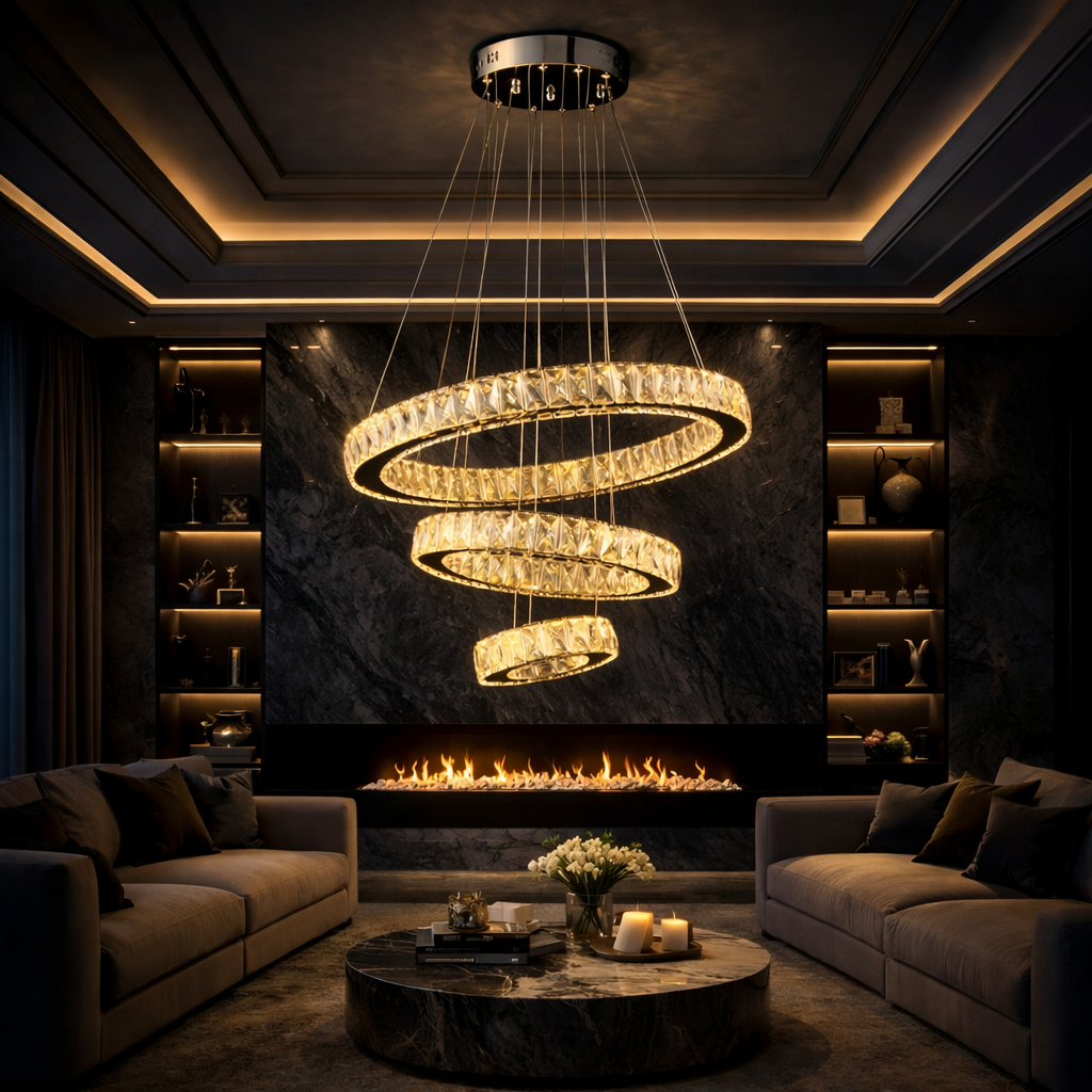 Lustra LED Cristal 3 Segmente Chrome Echivalent 800W, 60+40+20cm, Telecomanda