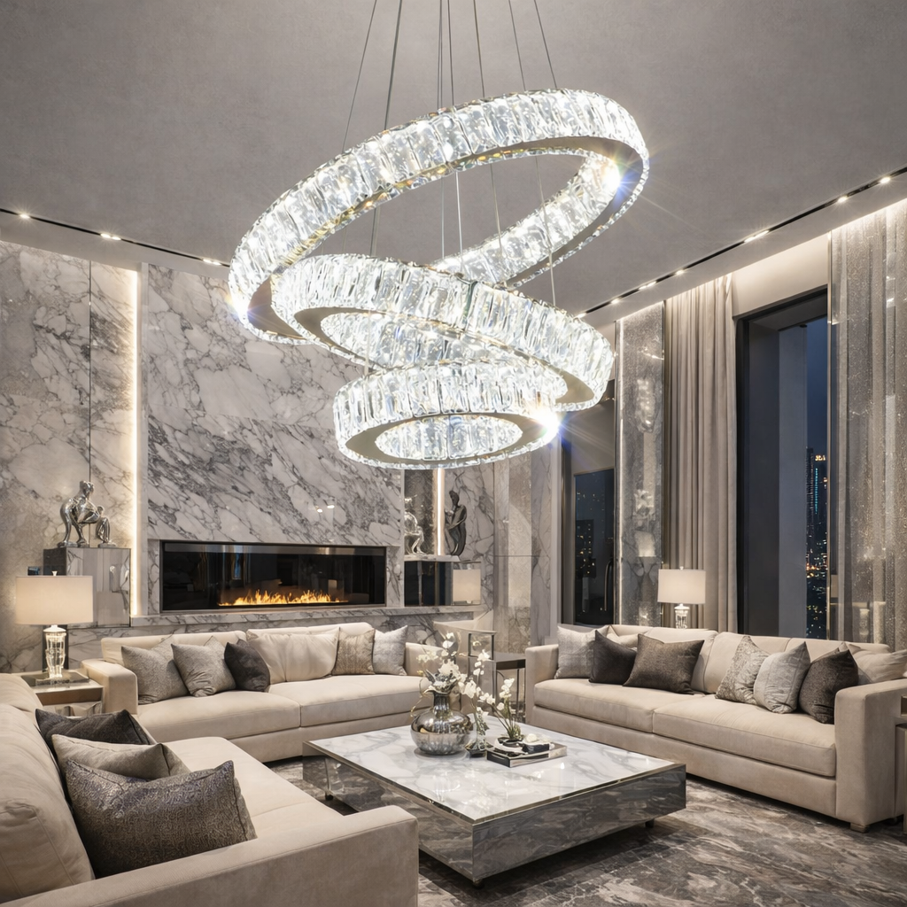 Lustra LED Cristal 3 Segmente Chrome Echivalent 800W, 60+40+20cm, Telecomanda