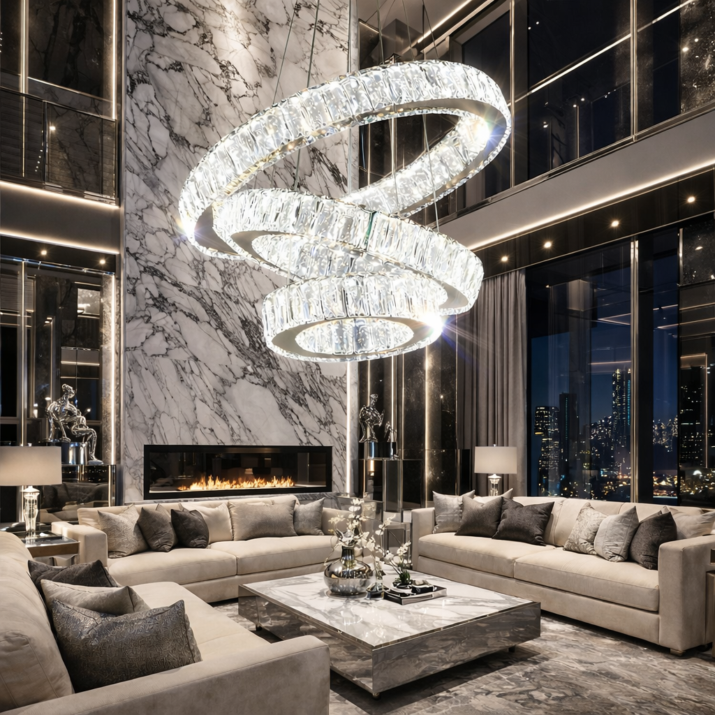 Lustra LED Cristal 3 Segmente Chrome Echivalent 800W, 60+40+20cm, Telecomanda