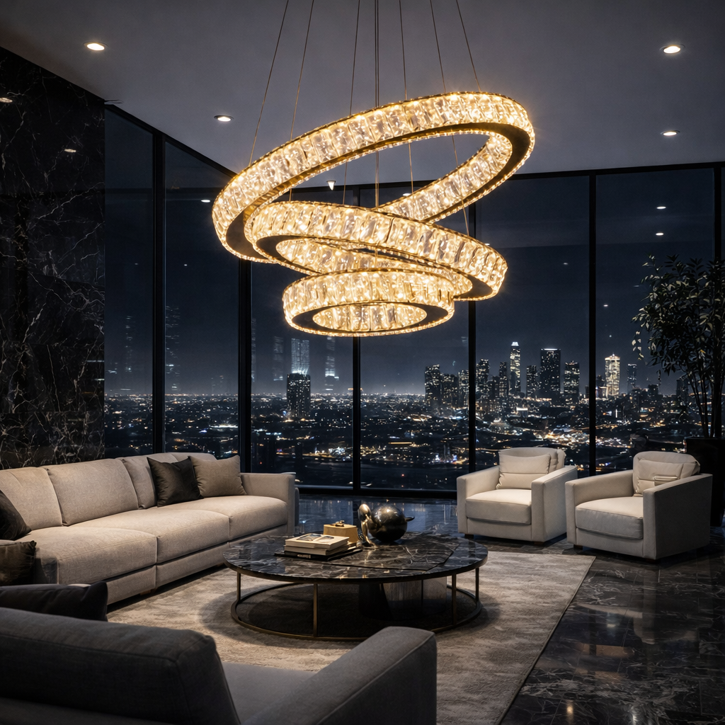 Lustra LED Cristal 3 Segmente Gold Echivalent 1000W, 60+40+20cm, Telecomanda