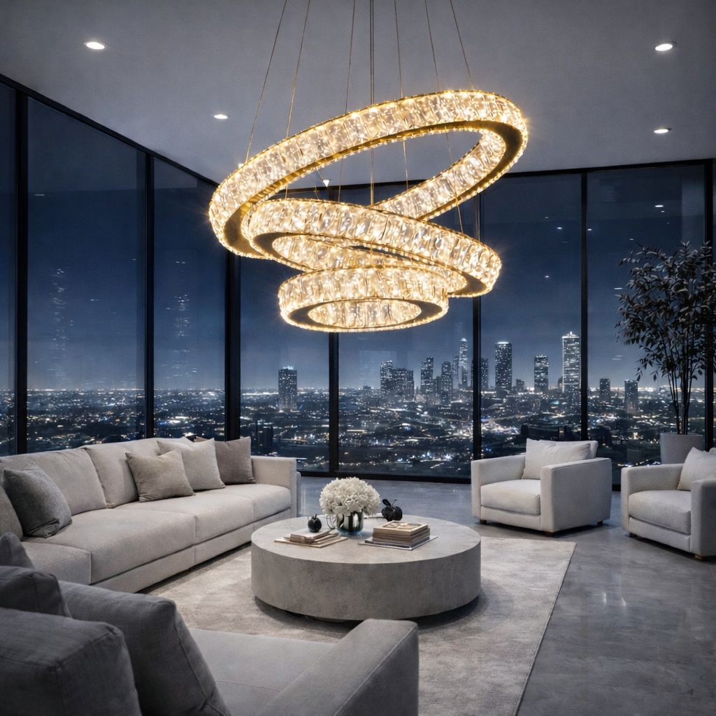 Lustra LED Cristal 3 Segmente Gold Echivalent 1000W, 60+40+20cm, Telecomanda