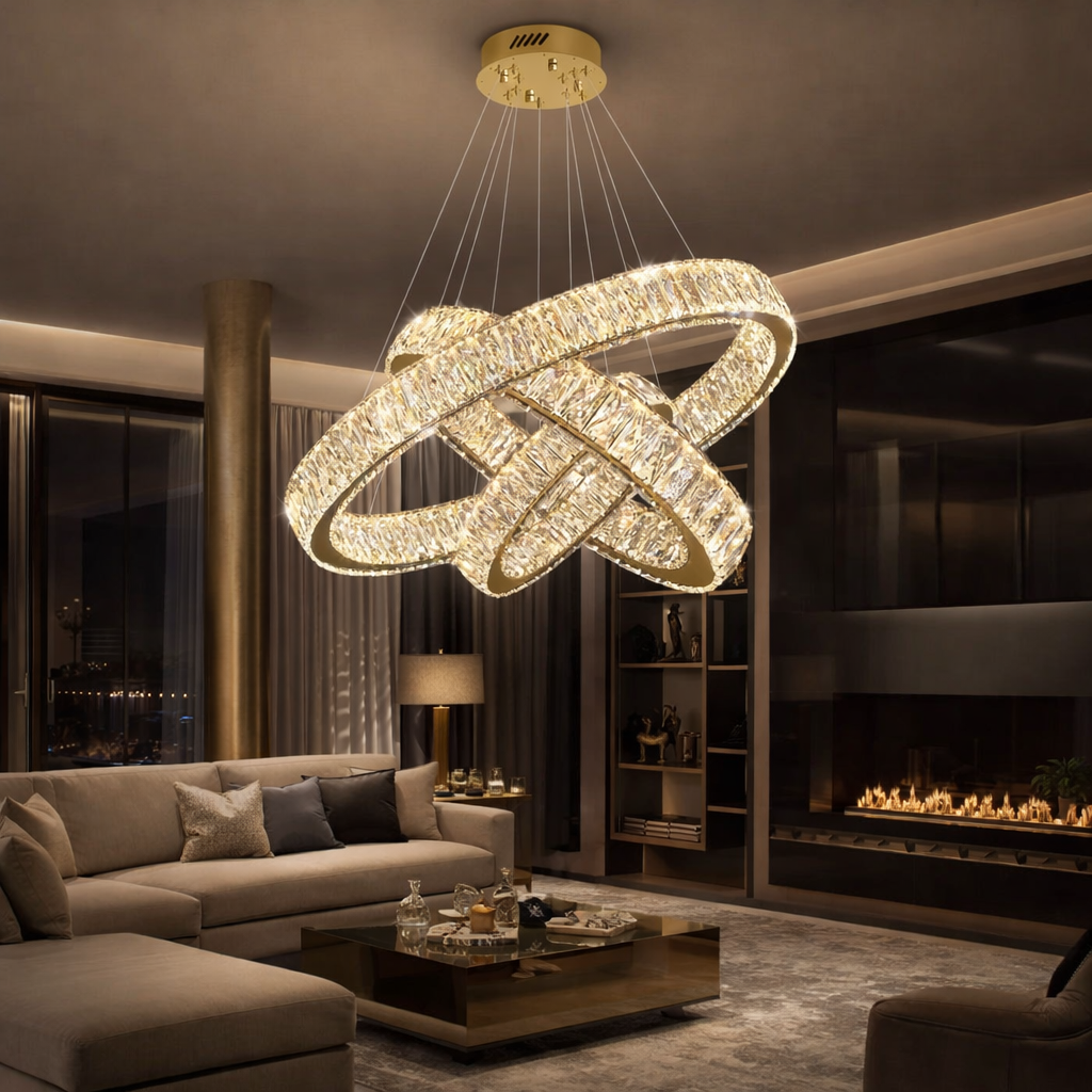 Lustra LED Cristal 3 Segmente Gold Echivalent 1000W, 60+40+20cm, Telecomanda