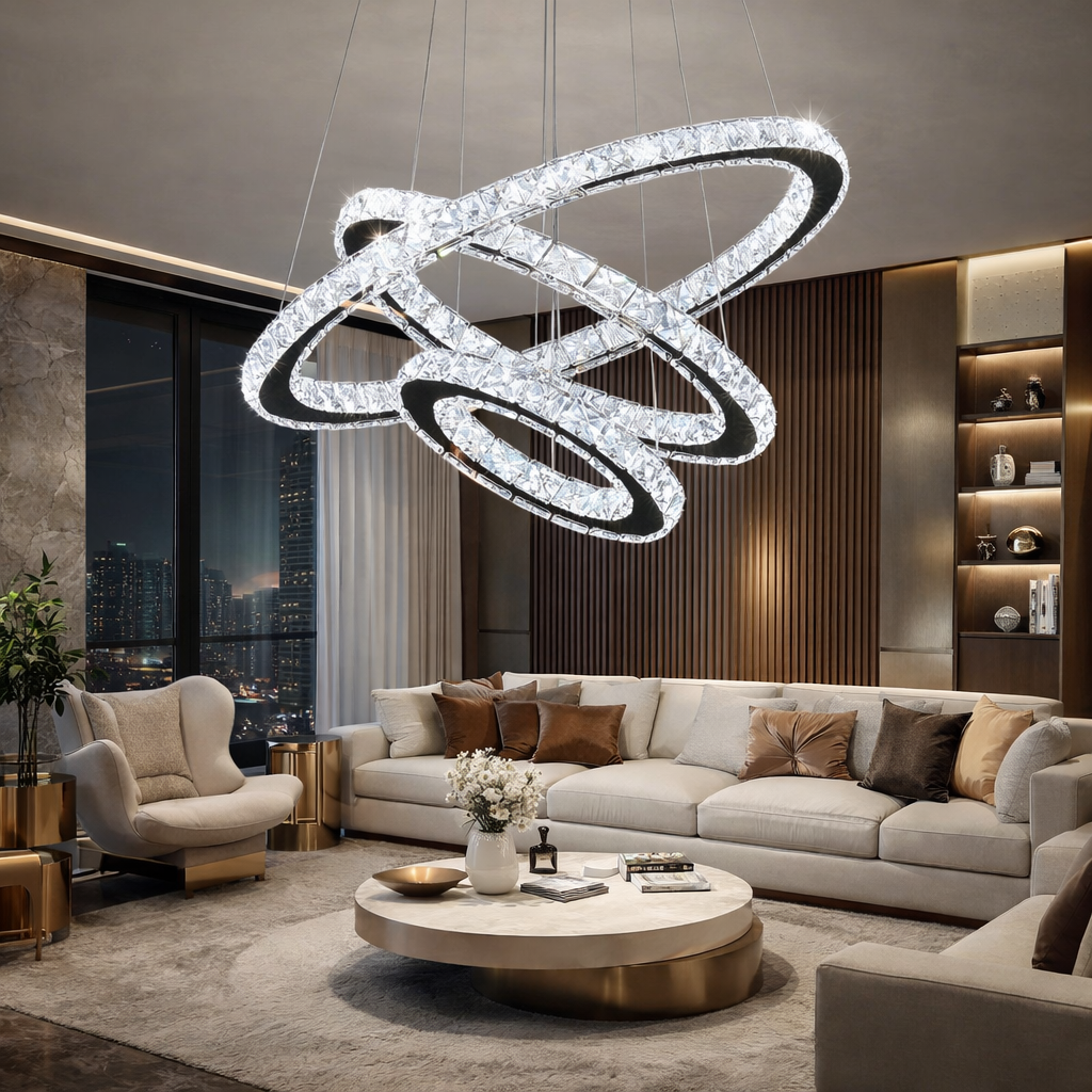 Lustra LED Cristal 3 Segmente Chrome Slim Echivalent 600W, 60+40+20cm, Telecomanda