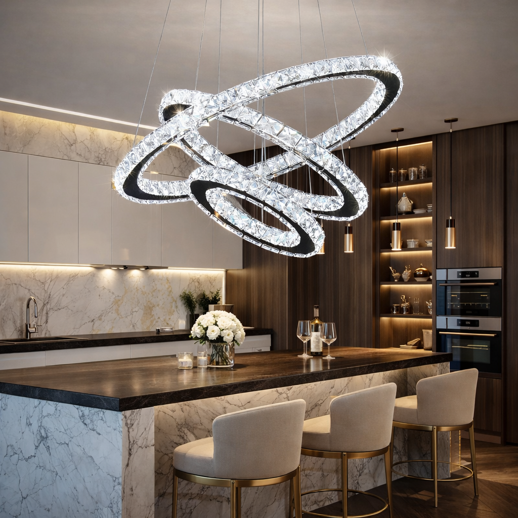 Lustra LED Cristal 3 Segmente Chrome Slim Echivalent 600W, 60+40+20cm, Telecomanda