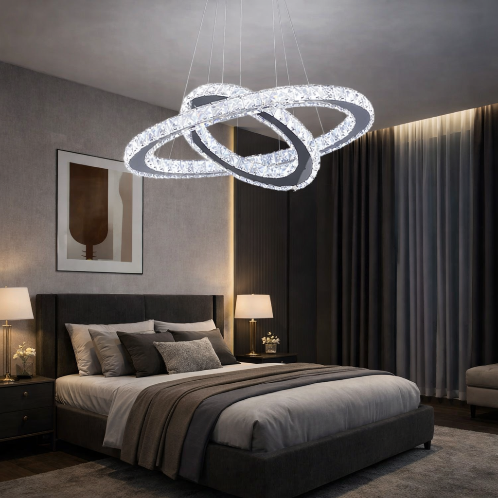 Lustra LED Cristal 2 Segmente Chrome Slim Echivalent 500W, 50+30cm, Telecomanda