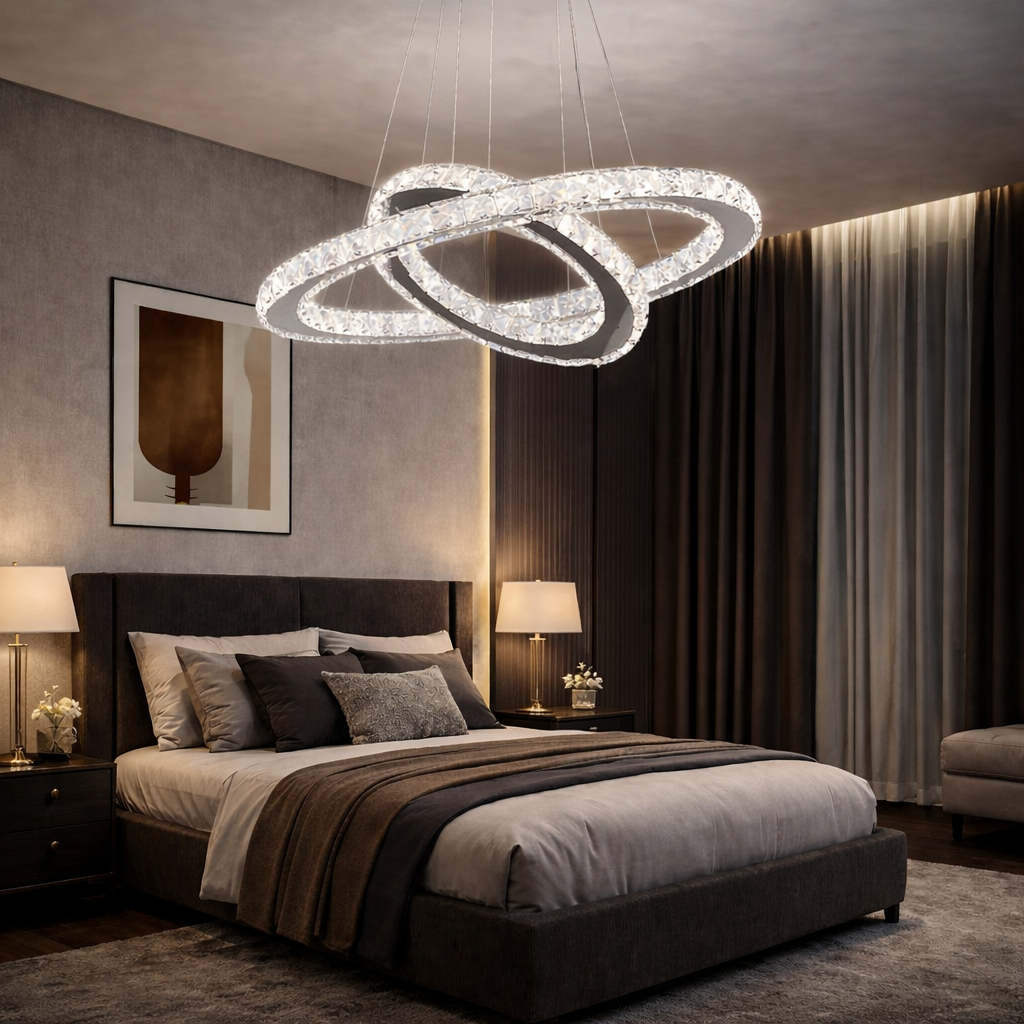 Lustra LED Cristal 2 Segmente Chrome Slim Echivalent 500W, 50+30cm, Telecomanda