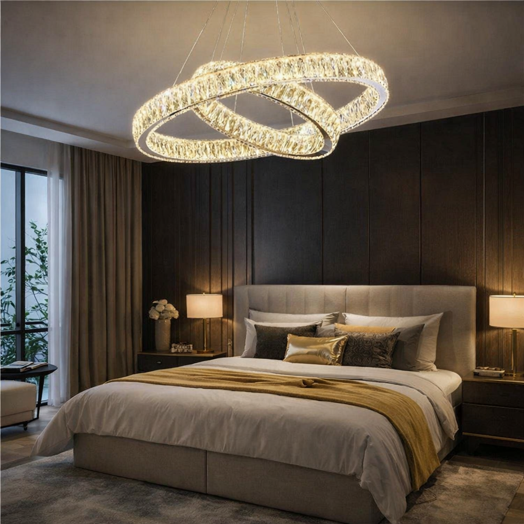 Lustra LED Cristal 2 Segmente Gold Echivalent 800W, 50+30cm, Telecomanda