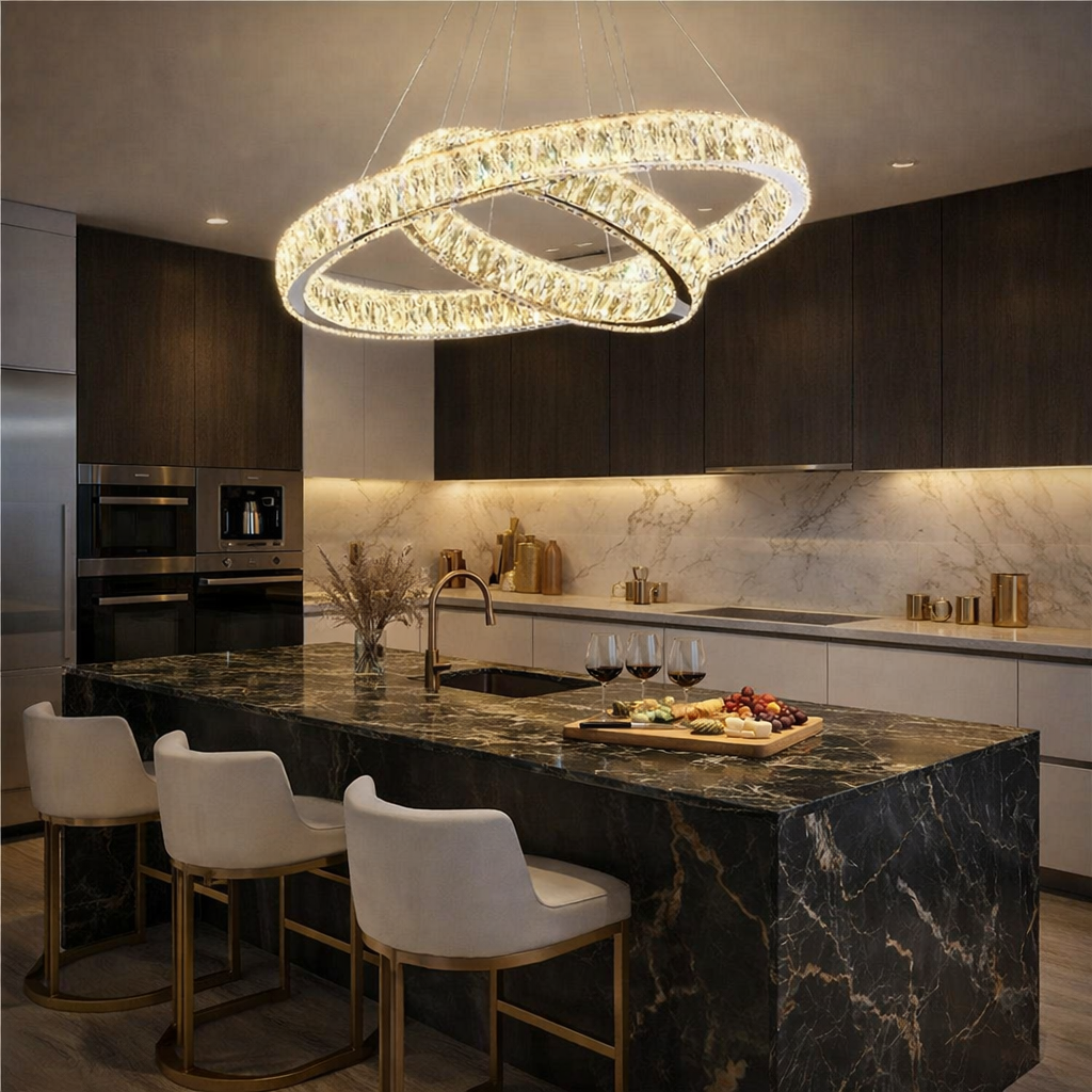 Lustra LED Cristal 2 Segmente Gold Echivalent 800W, 50+30cm, Telecomanda