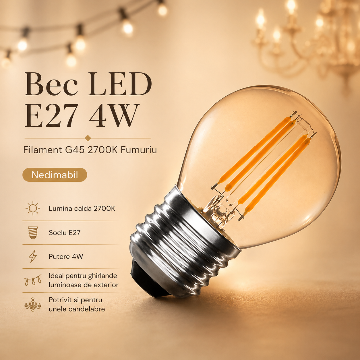 Bec LED E27 4W Filament G45 2700K Fumuriu