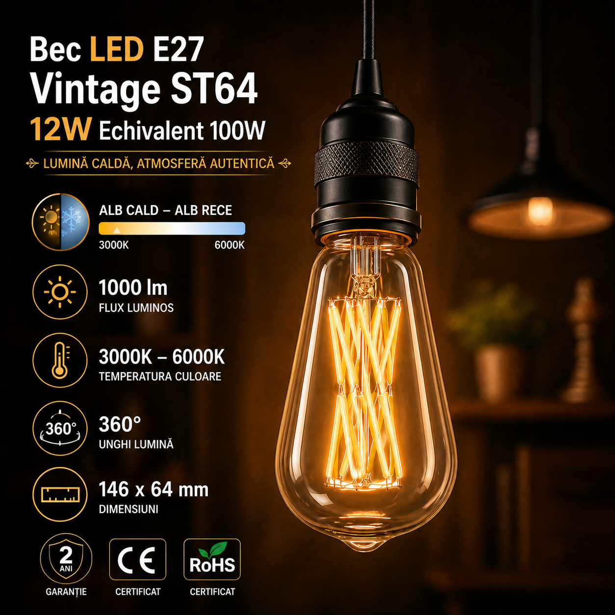 Bec LED E27 Vintage ST64 12W Fumuriu