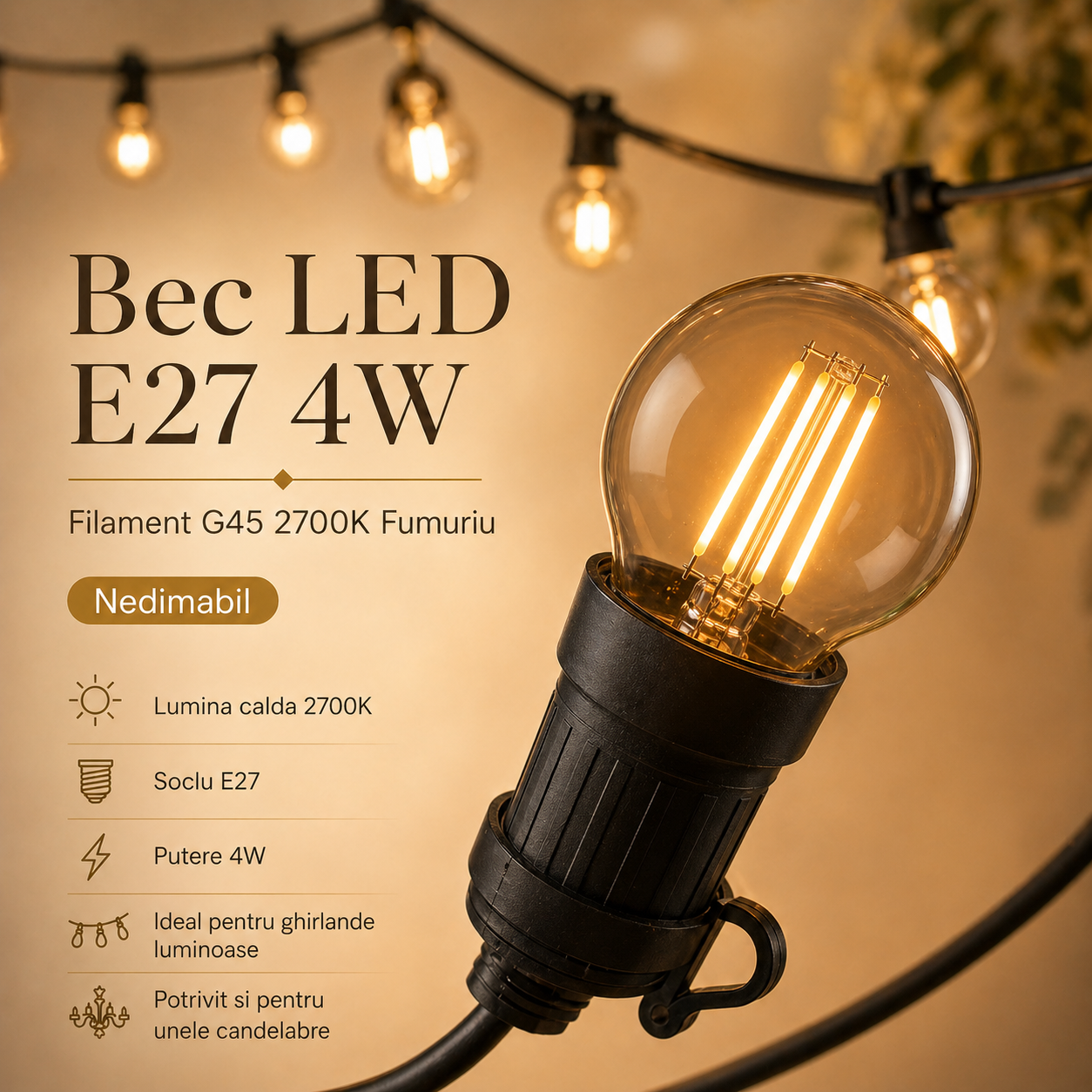 Bec LED E27 4W Filament G45 2700K Fumuriu