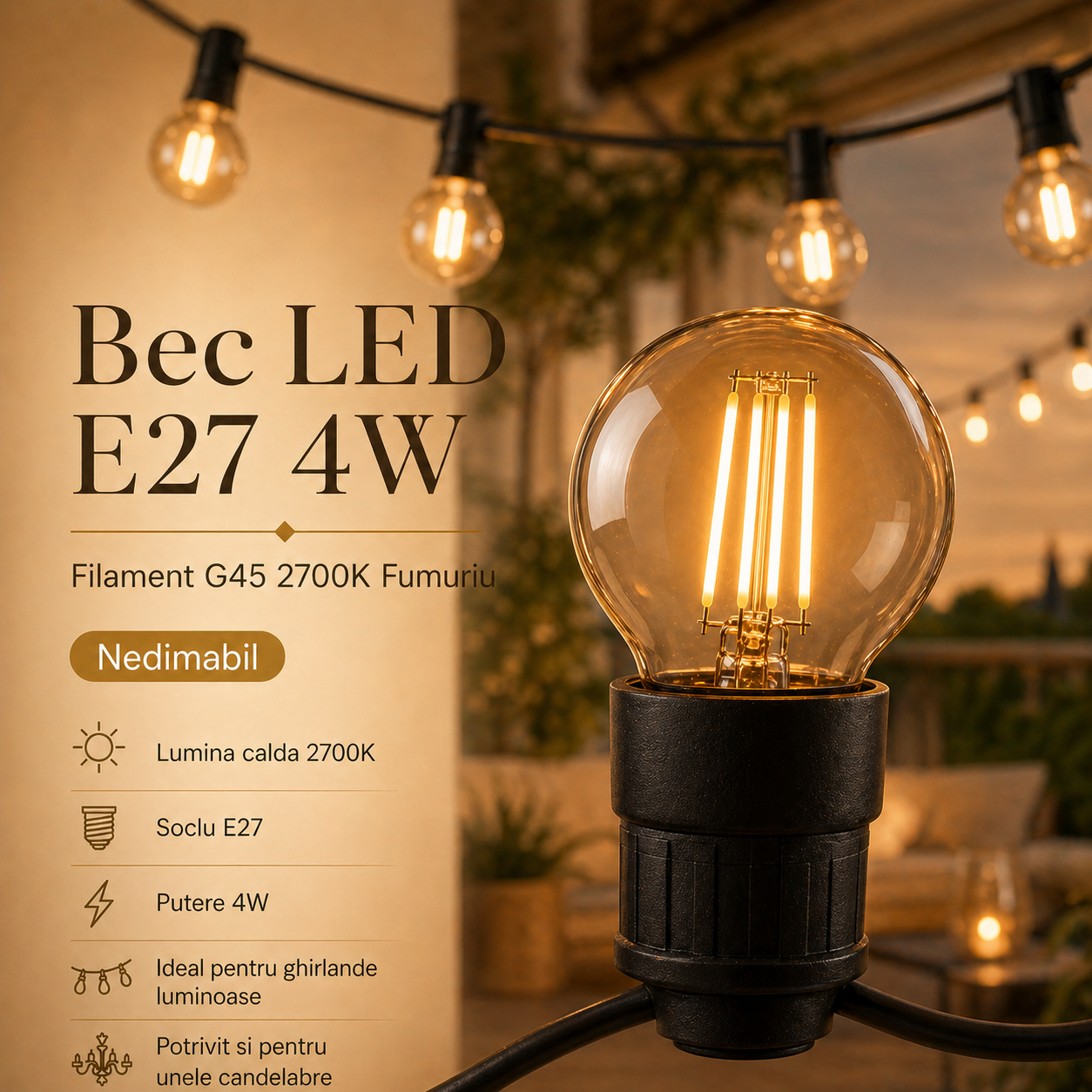 Bec LED E27 4W Filament G45 2700K Fumuriu