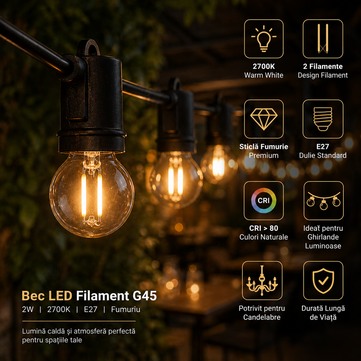 Bec LED E27 2W Filament G45 2700K Fumuriu