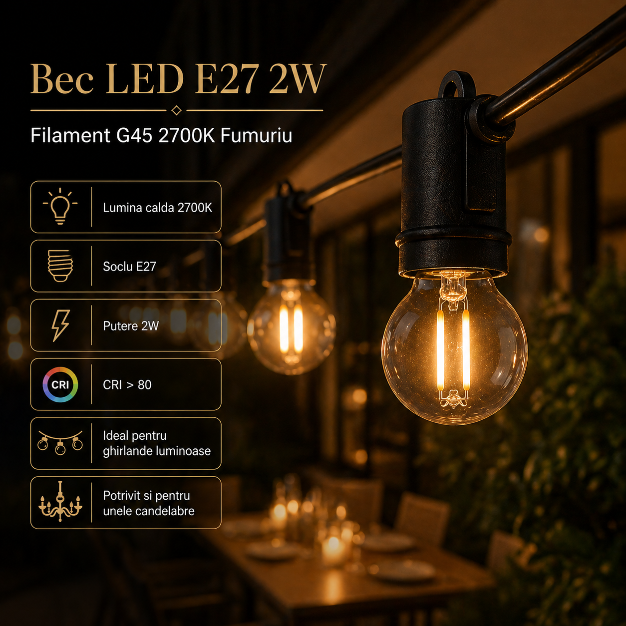 Bec LED E27 2W Filament G45 2700K Fumuriu