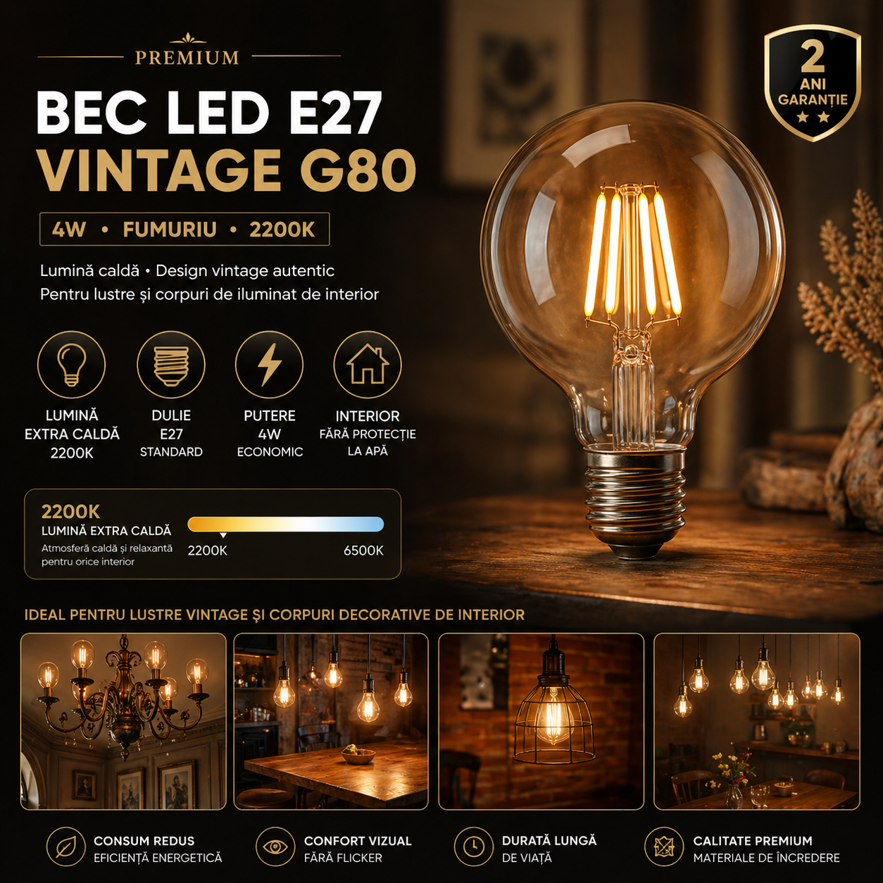 Bec LED E27 Vintage G80 4W Fumuriu 2200K