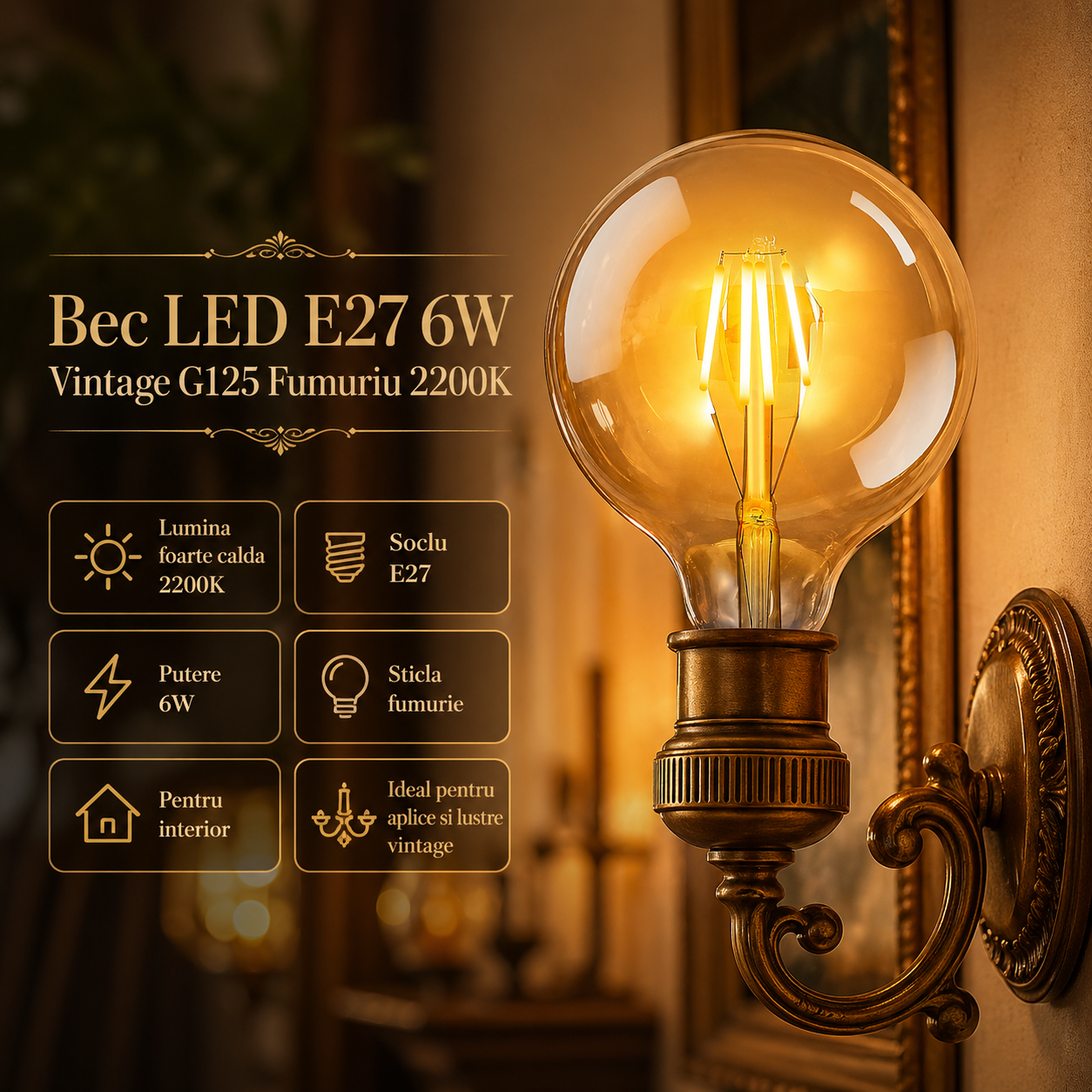 Bec LED E27 Vintage G125 6W Fumuriu 2200K