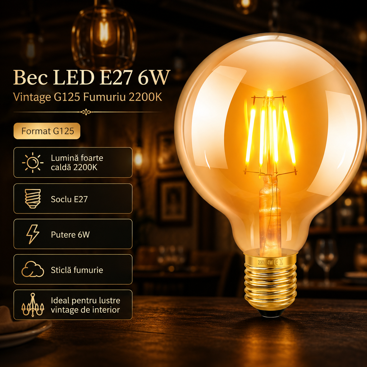 Bec LED E27 Vintage G125 6W Fumuriu 2200K