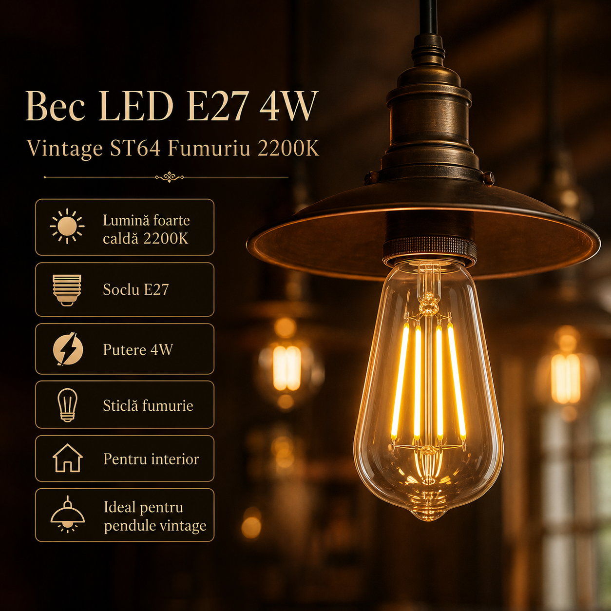 Bec LED E27 Vintage ST64 4W Fumuriu 2200K