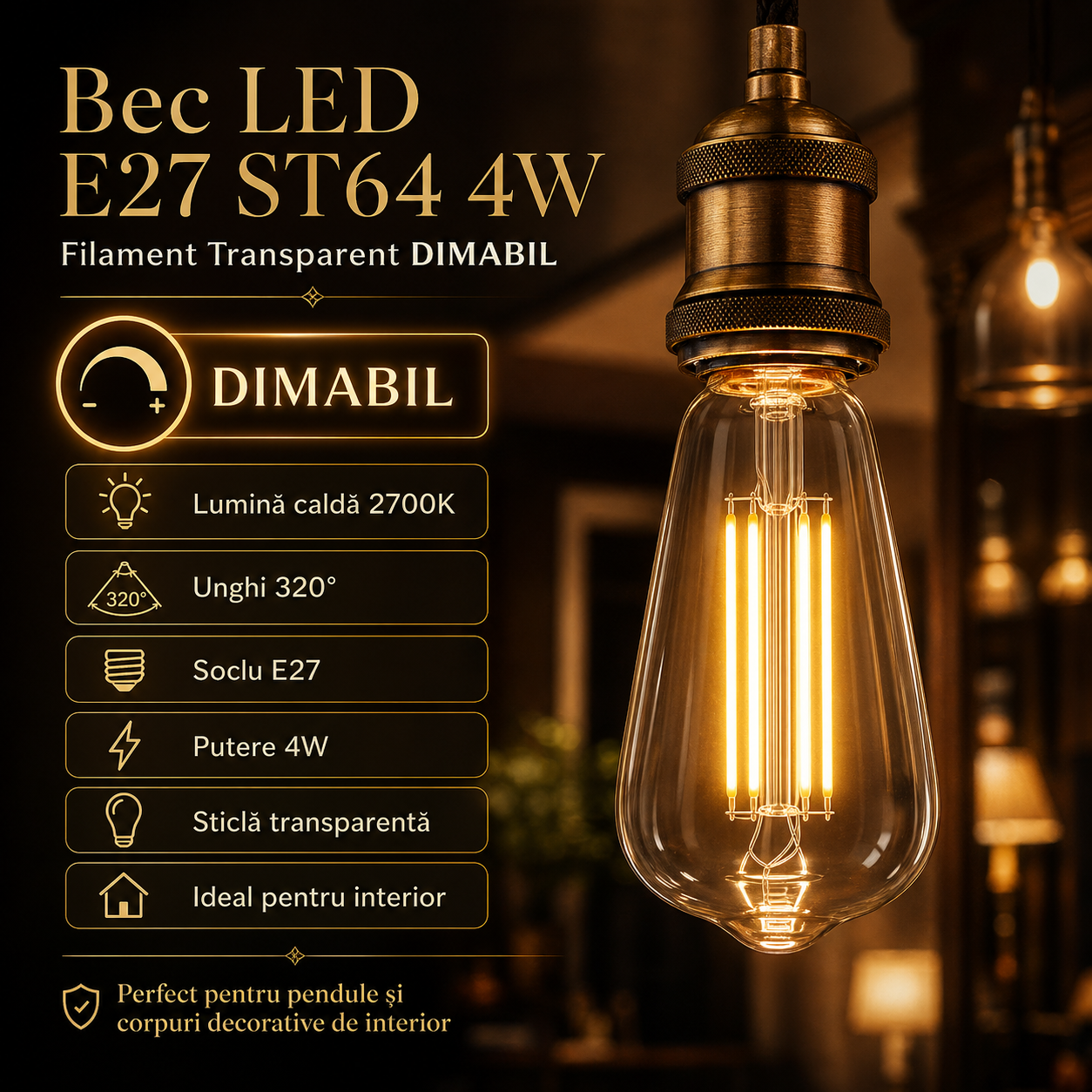 Bec LED E27 ST64 4W Filament Transparent DIMABIL