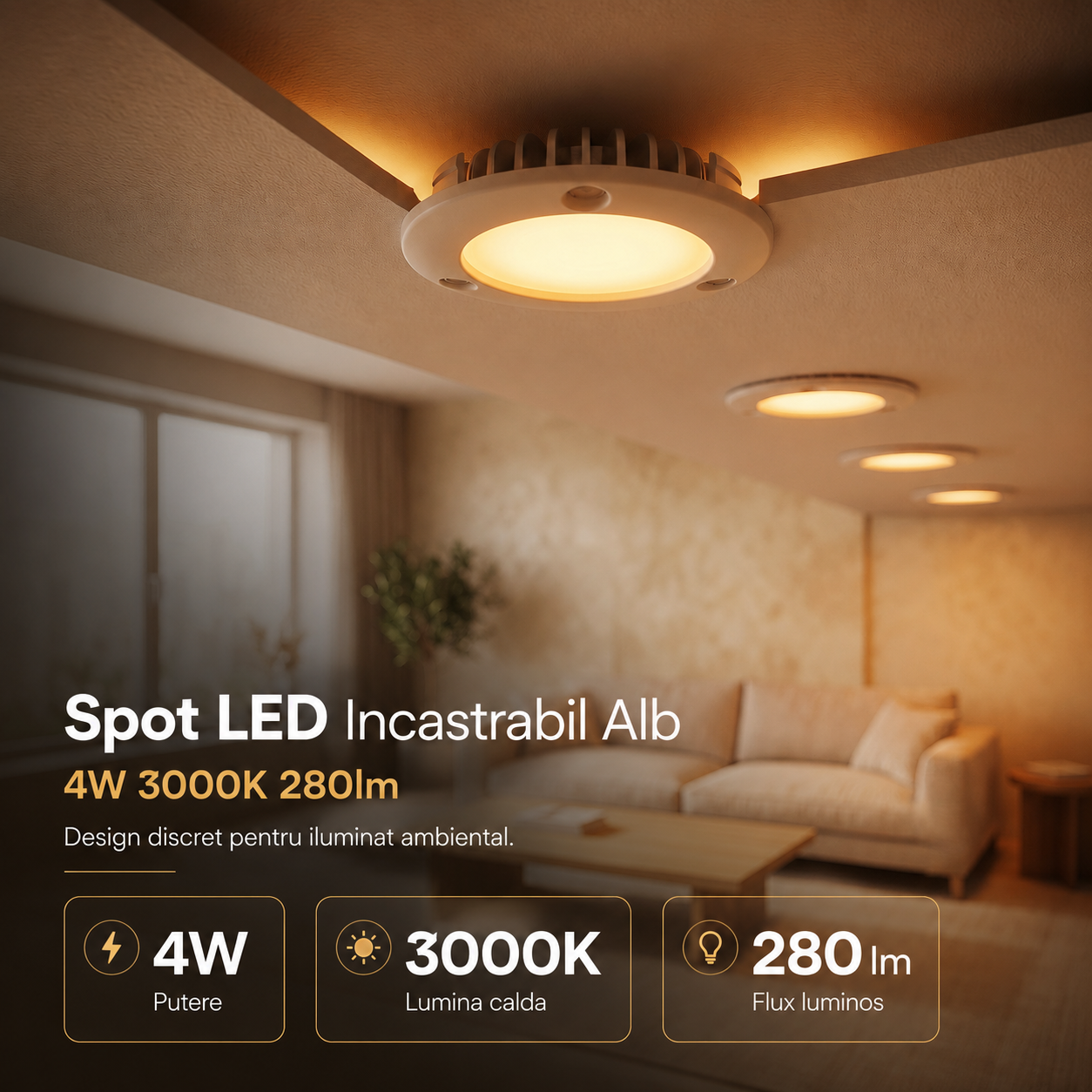 Spot LED Incastrabil Alb 4W 3000k 280lm 5.7CM