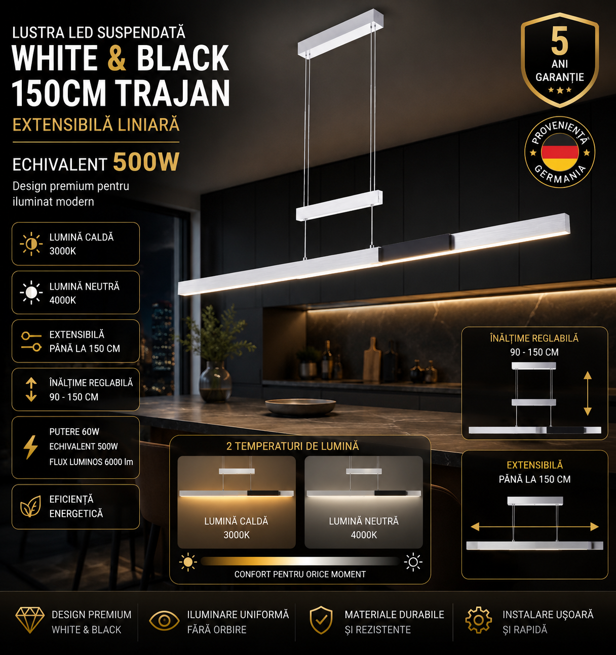 Lustra LED Suspendata White&Black 150CM TRAJAN Extensibila Liniara Echivalent 500W