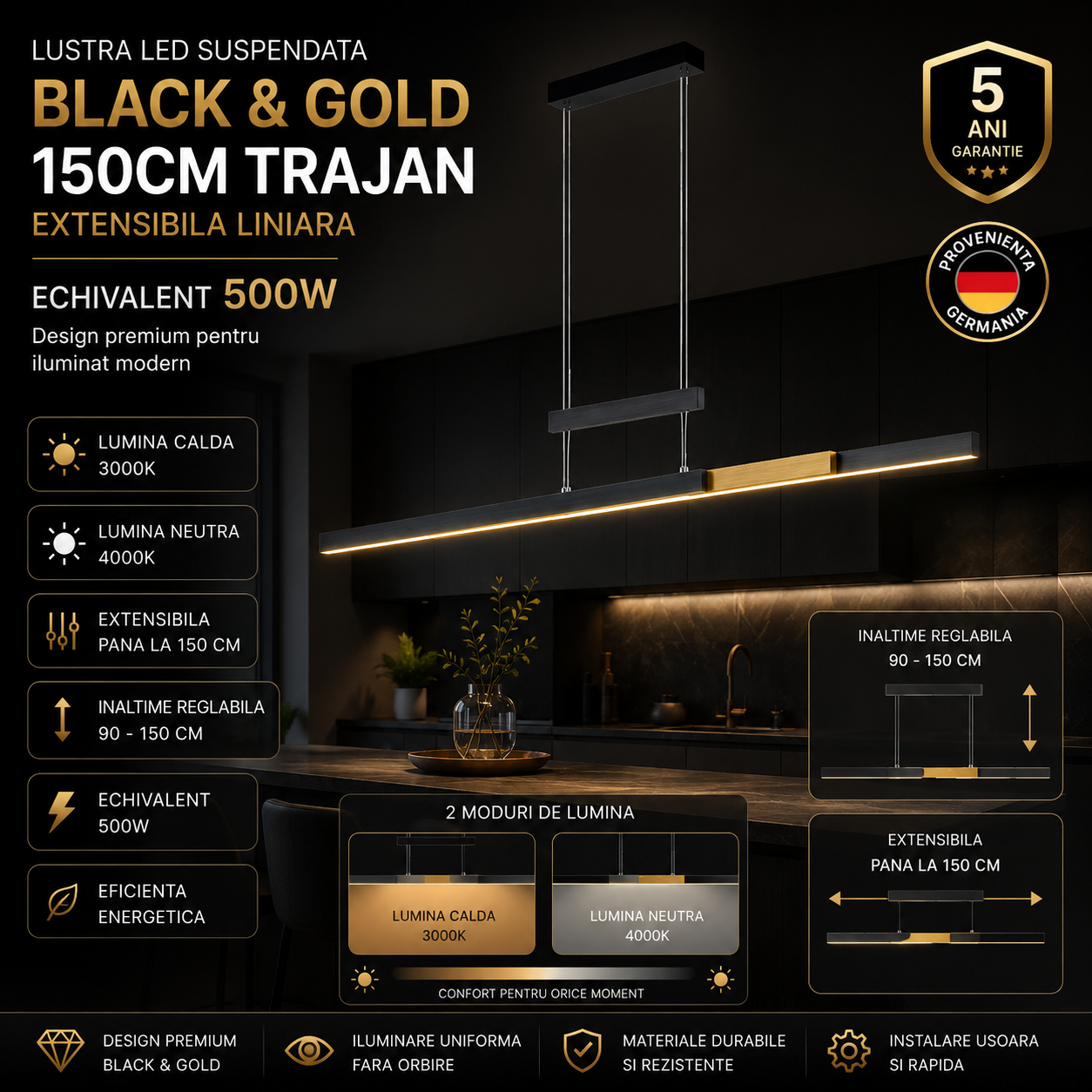 Lustra LED Suspendata Black&Gold 150CM TRAJAN Extensibila Echivalent 500W Liniara