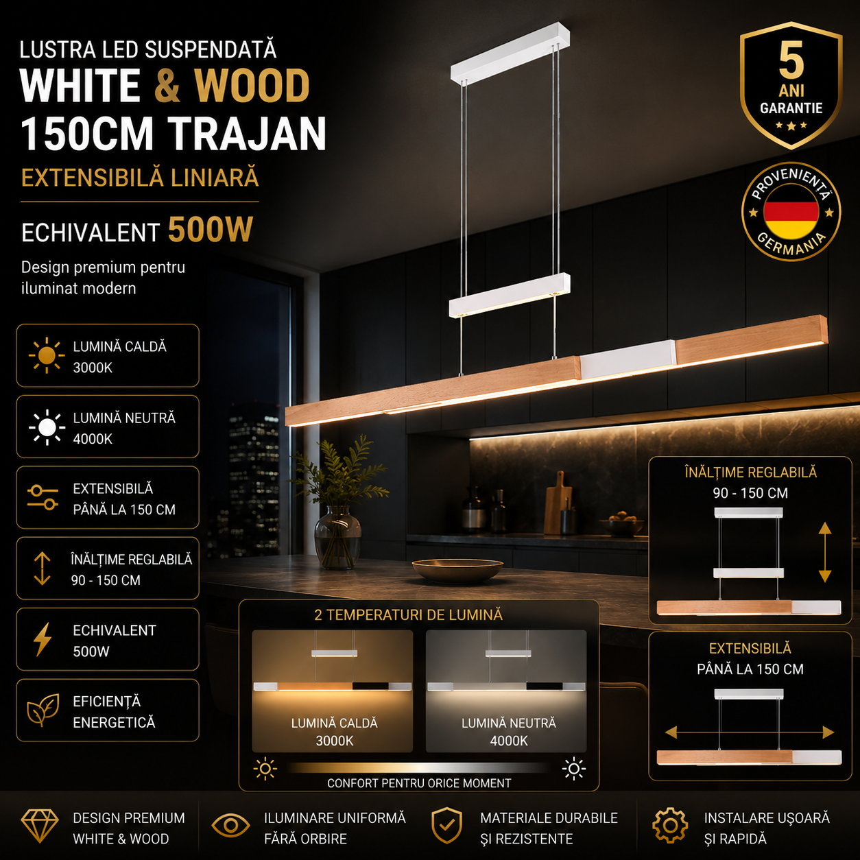 Lustra LED Suspendata White & Wood Design 150CM TRAJAN Extensibila Liniara Echivalent 500W