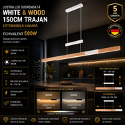 Lustra LED Suspendata White & Wood Design 150CM TRAJAN Extensibila Liniara Echivalent 500W