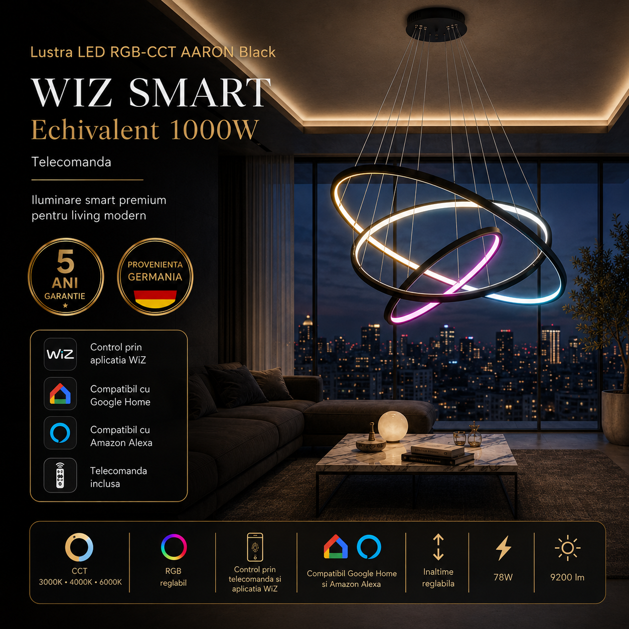 Lustra LED RGB-CCT AARON Black WIZ SMART Echivalent 1000W Telecomanda