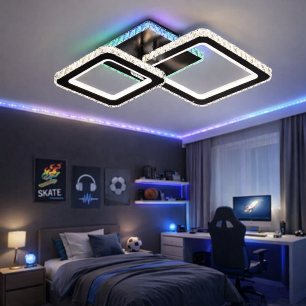 Lustra LED 1+1 SQUARE Black RGB Cristal Echivalent 400W Telecomanda