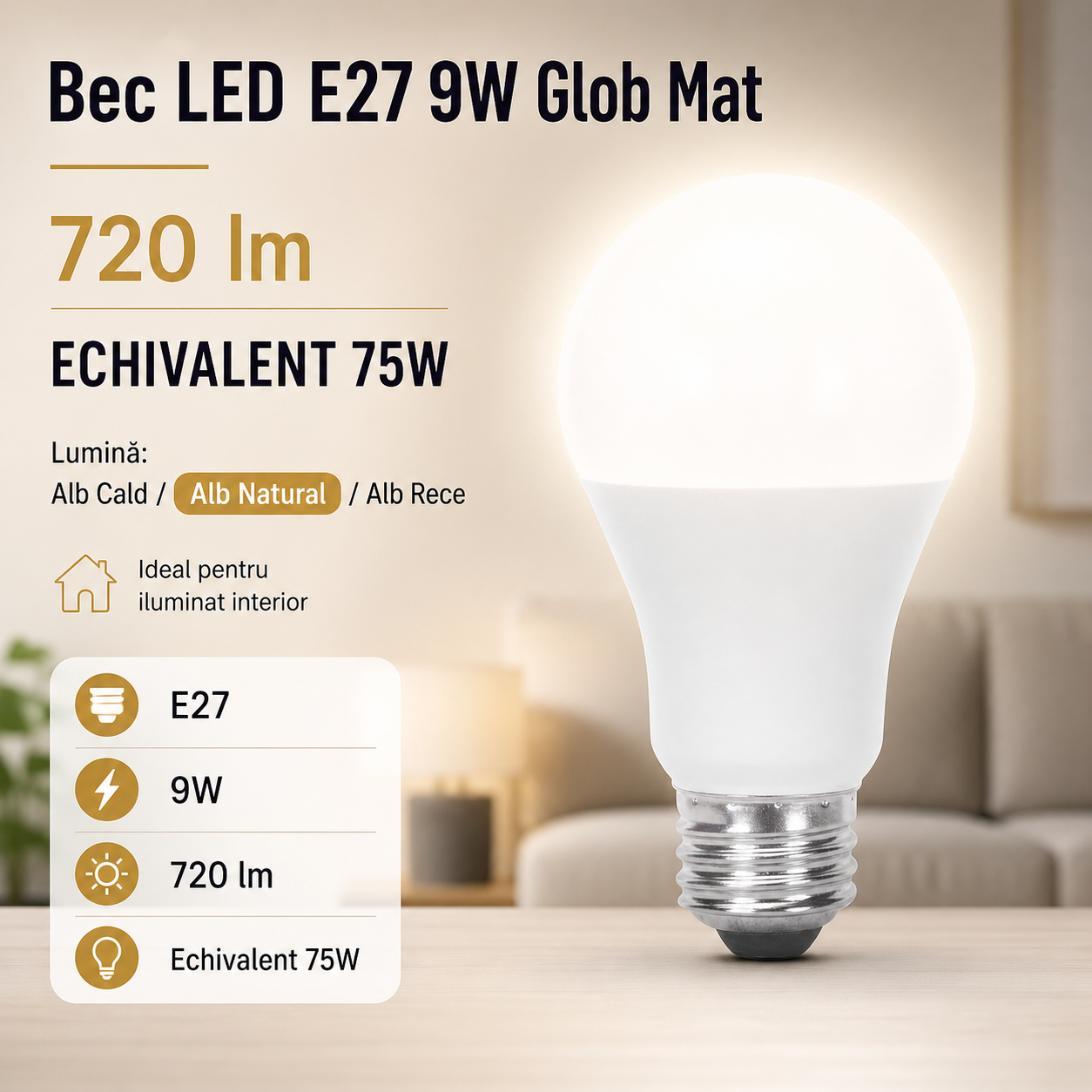 Bec LED E27 9W A60 720lm Echivalent 75W Glob Mat