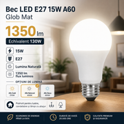 Bec LED E27 15W A60 1350lm Echivalent 130W Glob Mat