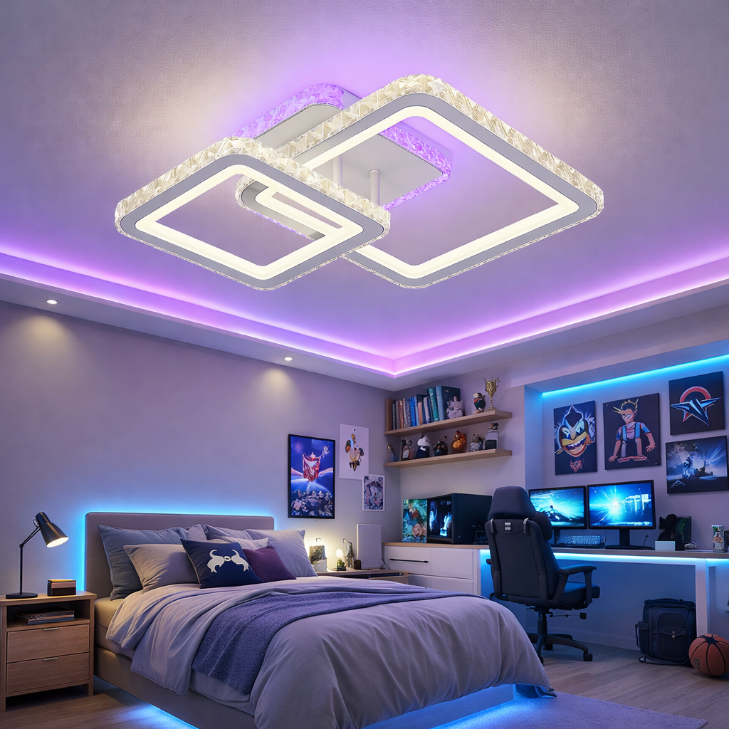 Lustra LED 1+1 SQUARE Alb RGB Cristal Echivalent 400W Telecomanda