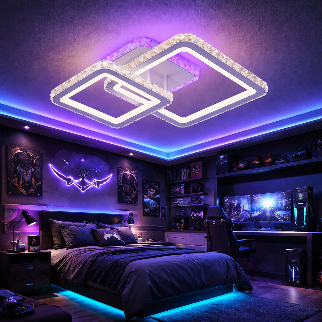 Lustra LED 1+1 SQUARE Alb RGB Cristal Echivalent 400W Telecomanda