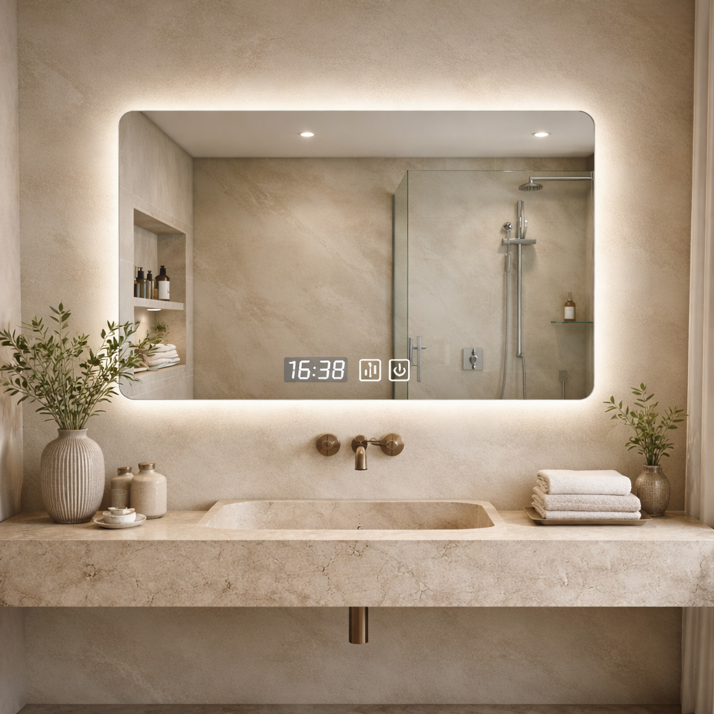 Oglinda LED Dreptunghiulara cu Ceas 100x80cm Functie Dezaburire si Touch