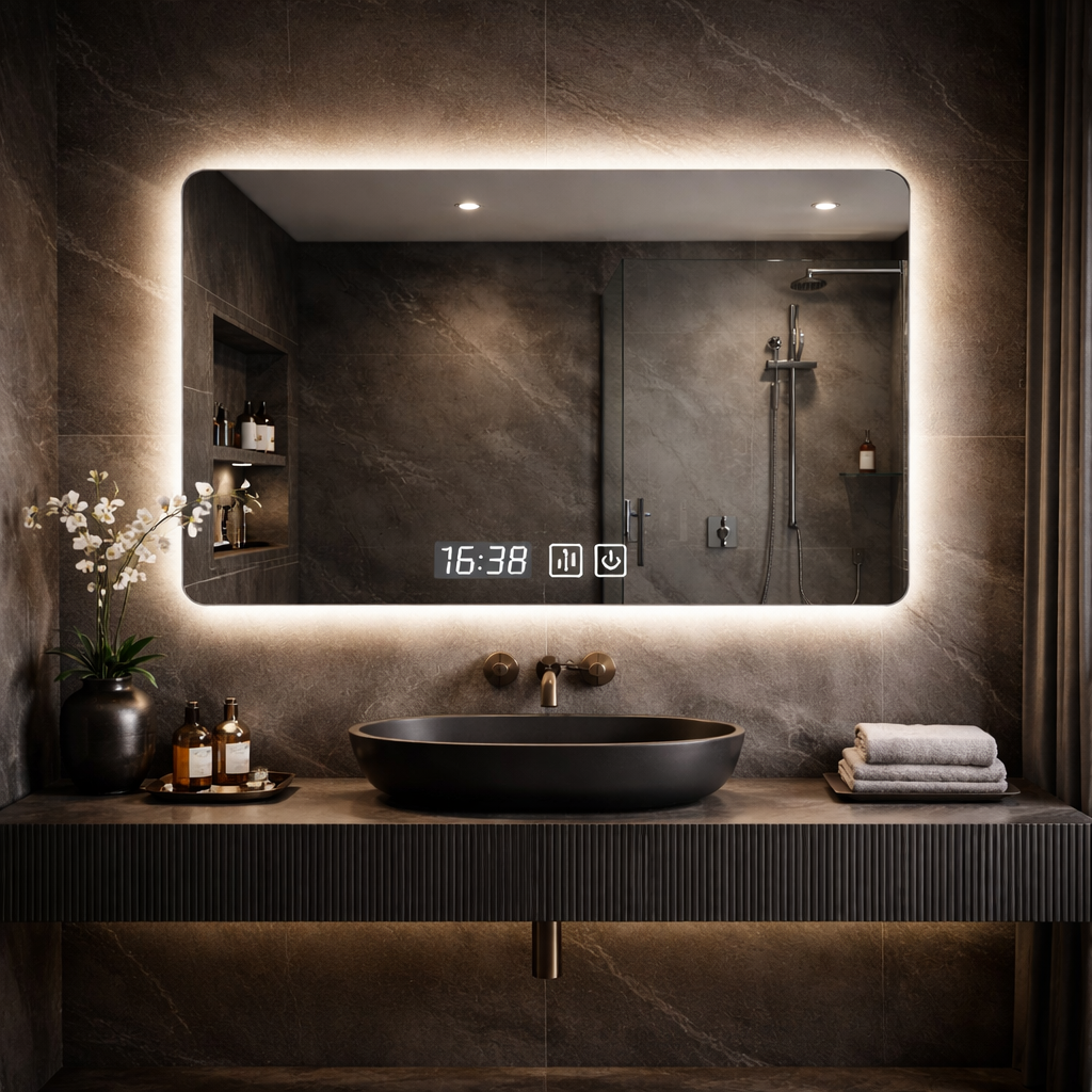 Oglinda LED Dreptunghiulara cu Ceas 100x80cm Functie Dezaburire si Touch