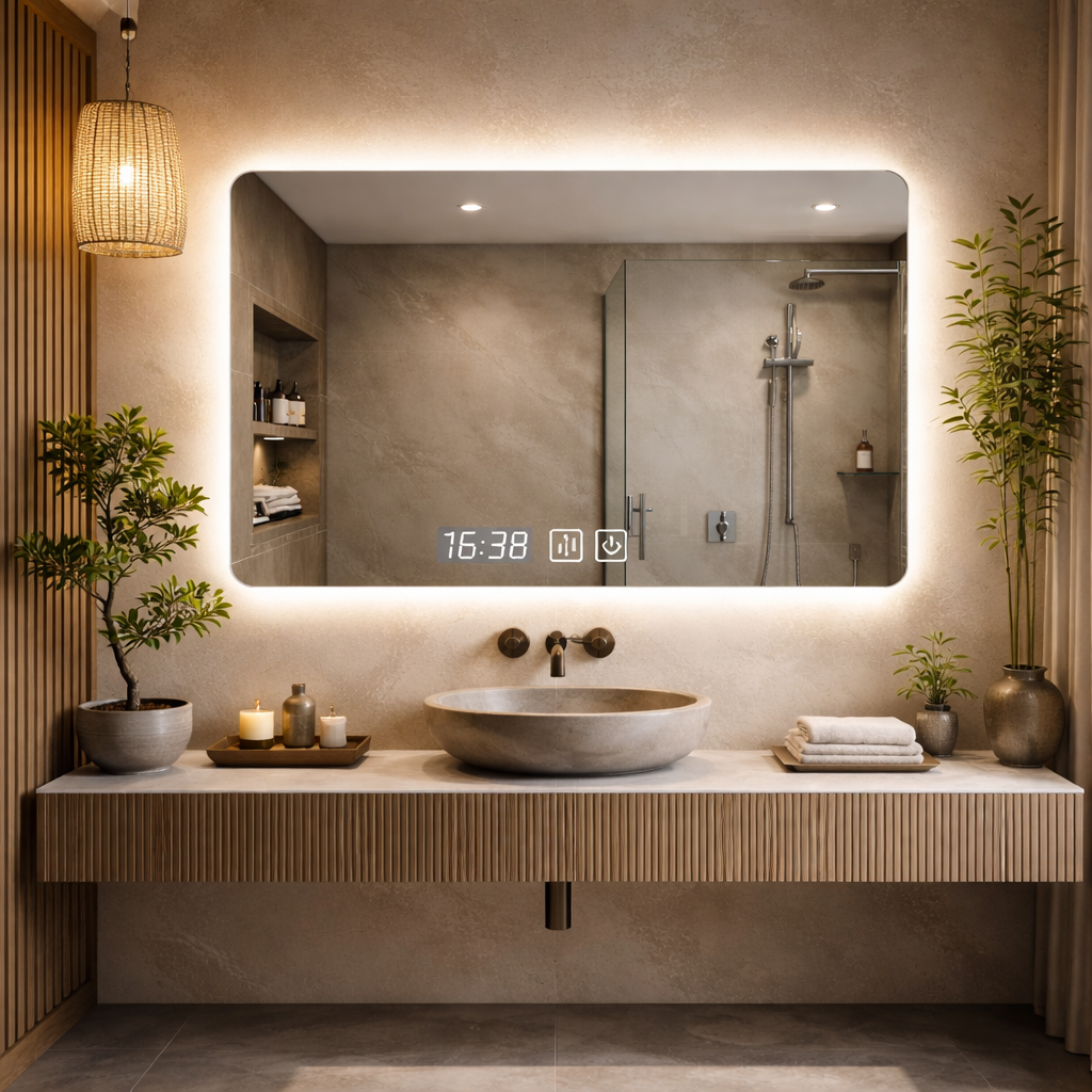 Oglinda LED Dreptunghiulara cu Ceas 100x80cm Functie Dezaburire si Touch